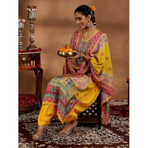 Libas Women's Silk Blend Kurta Sets (48870_Yellow_Xl)
