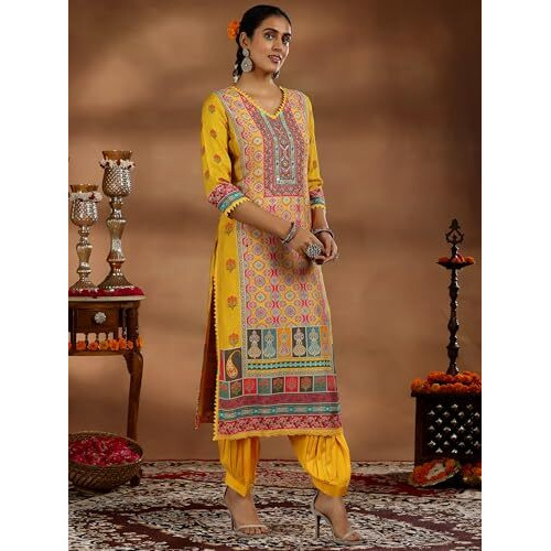 Libas Women's Silk Blend Kurta Sets (48870_Yellow_Xl)