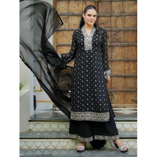 Libas Women's Georgette Kurta Sets (48872_Black_Xl)