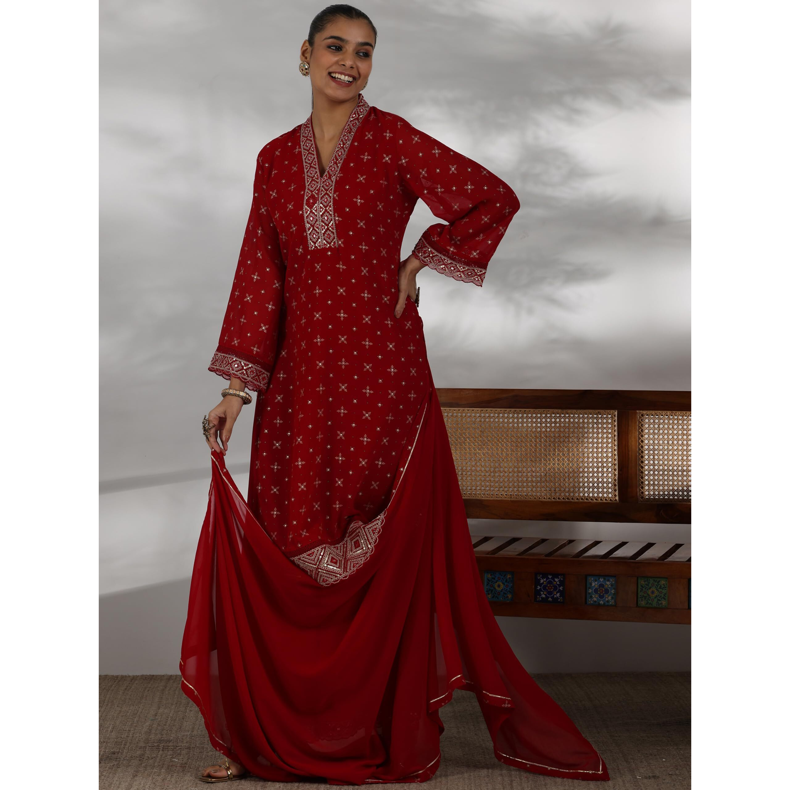 Libas Women's Georgette Kurta Sets (48874_Red_M)