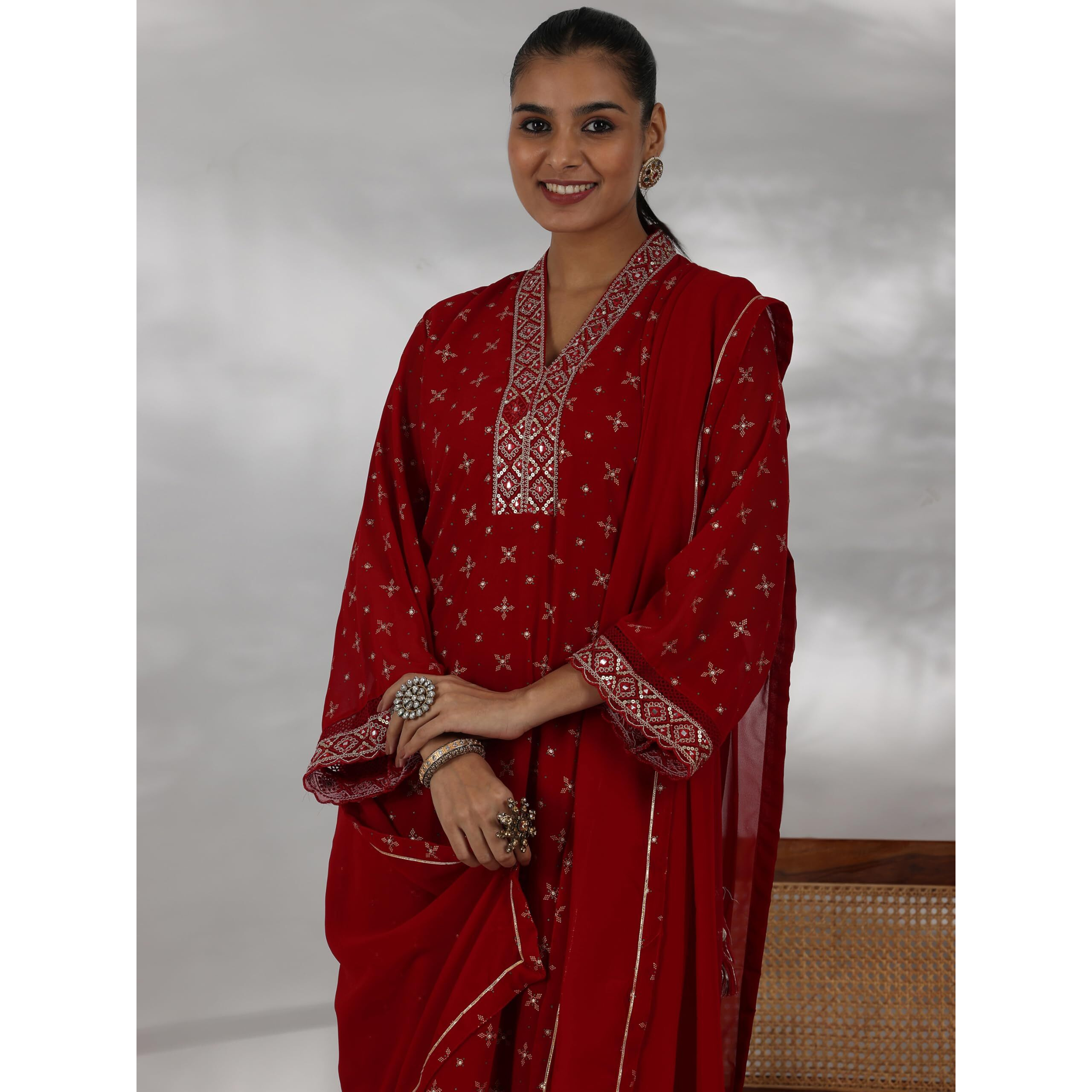 Libas Women's Georgette Kurta Sets (48874_Red_M)