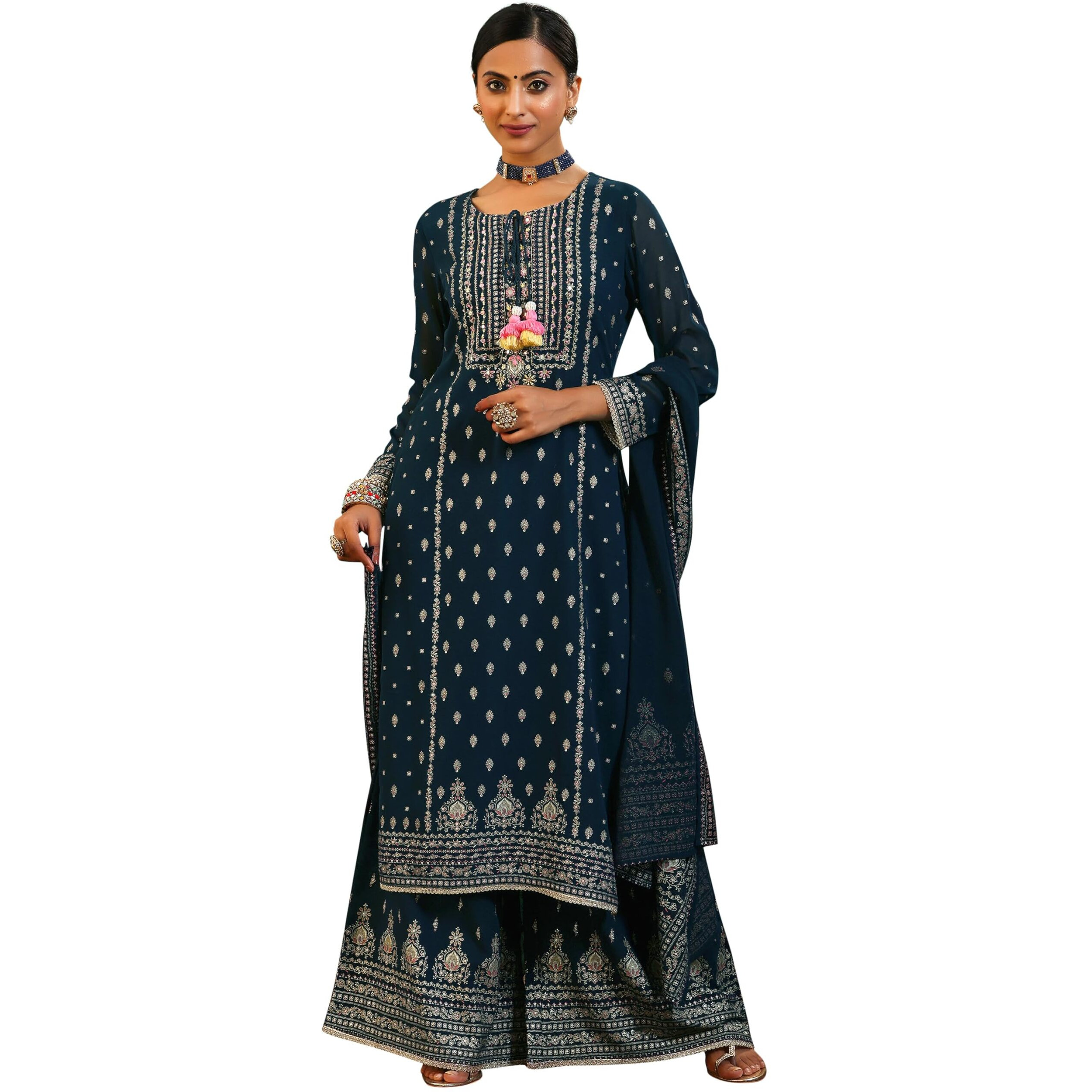 Libas Womens Printed Georgette Straight Kurta With Palazzos And Dupatta