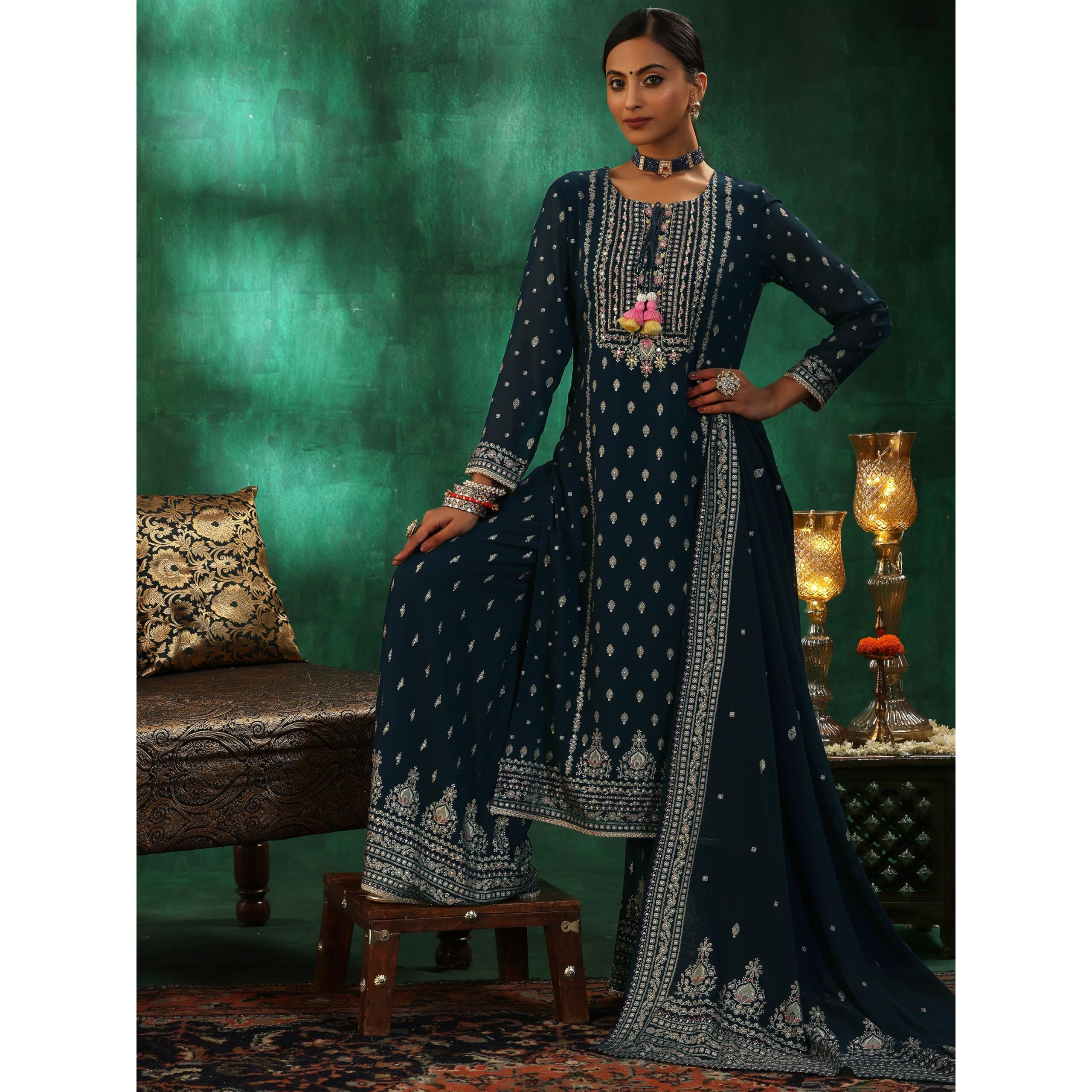 Libas Womens Printed Georgette Straight Kurta With Palazzos And Dupatta