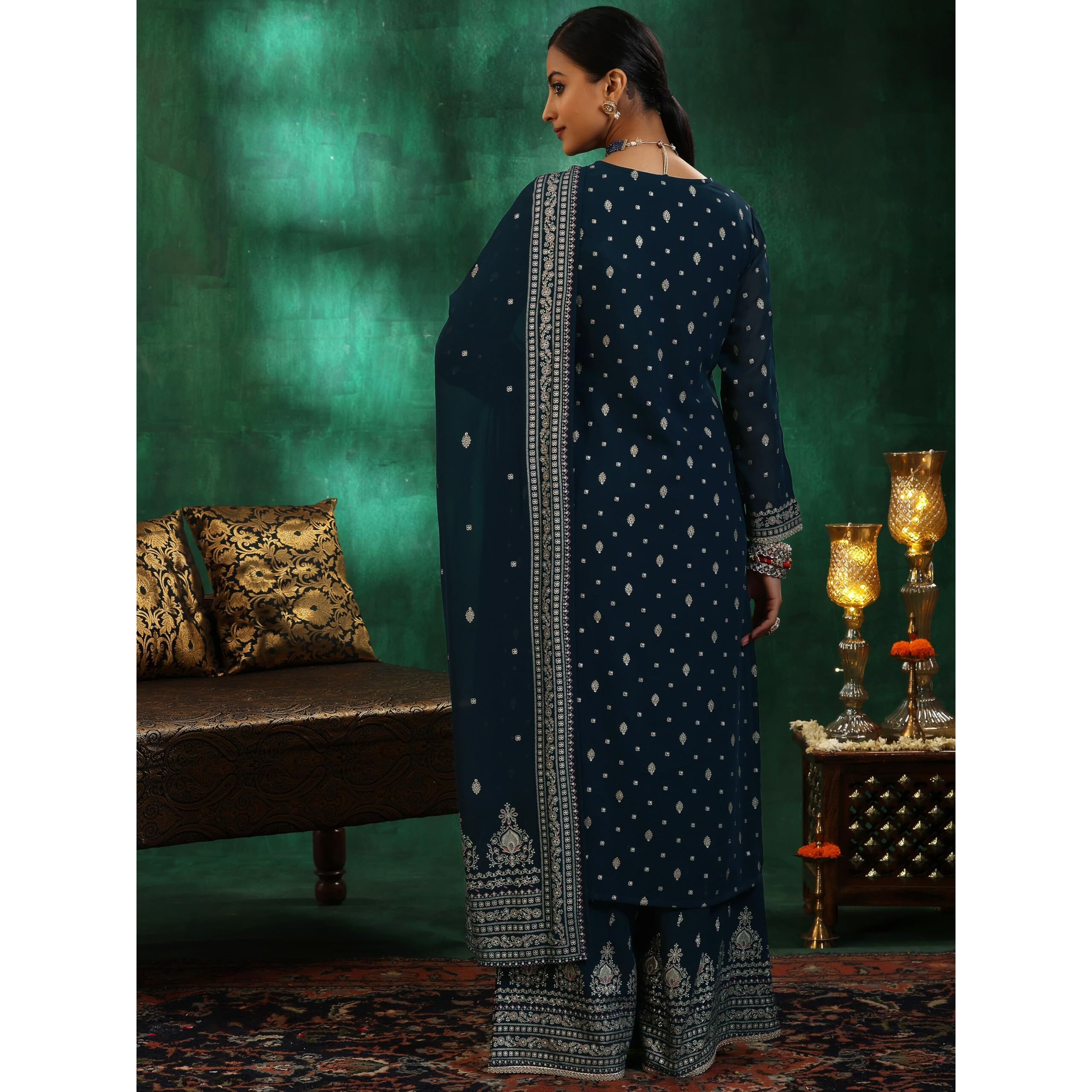 Libas Womens Printed Georgette Straight Kurta With Palazzos And Dupatta