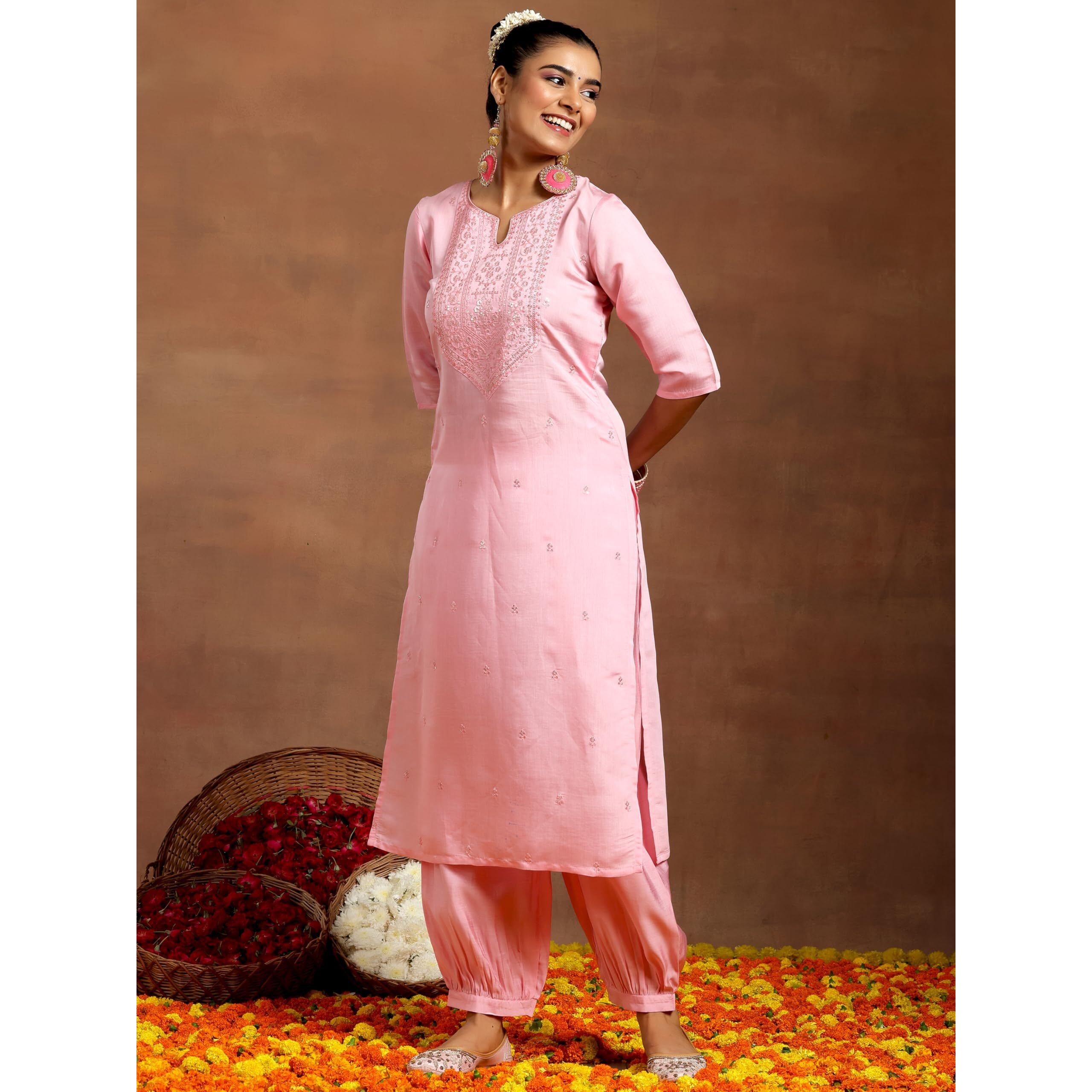 Libas Women's Silk Blend Embroidered Kurta Set (Gs955_Pink