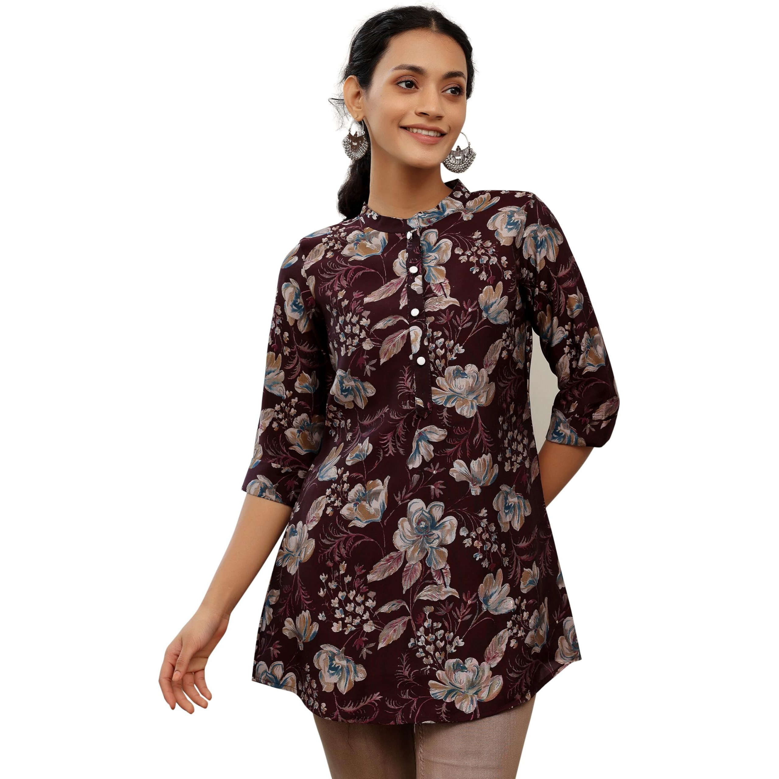 Libas Women's Silk Blend Printed Straight Kurtis (58161O_Wine