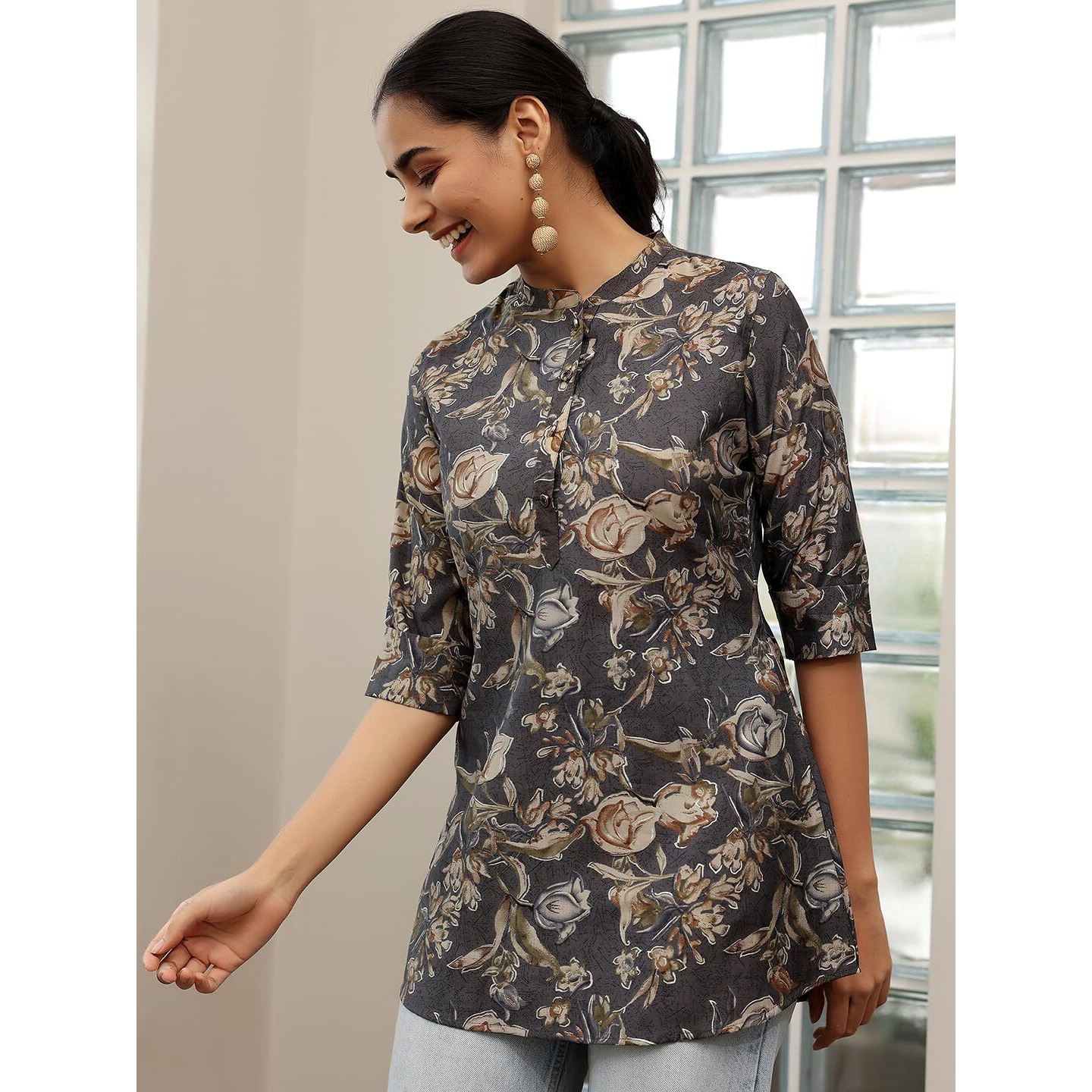 Libas Women's Silk Blend Printed Straight Kurtis (58162O_Grey