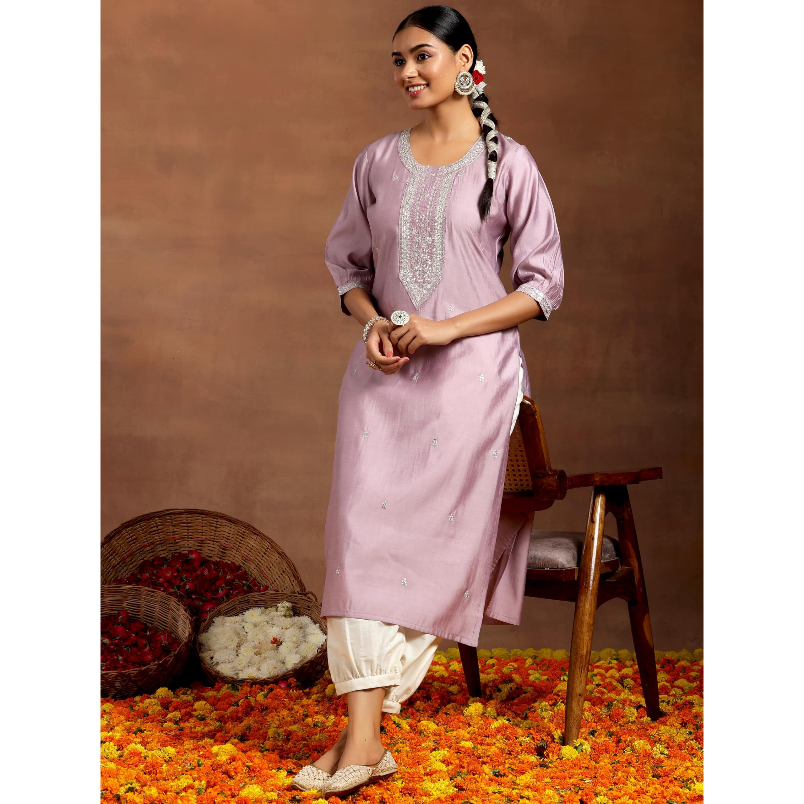 Libas Women's Silk Straight Kurta (G2738_Purple