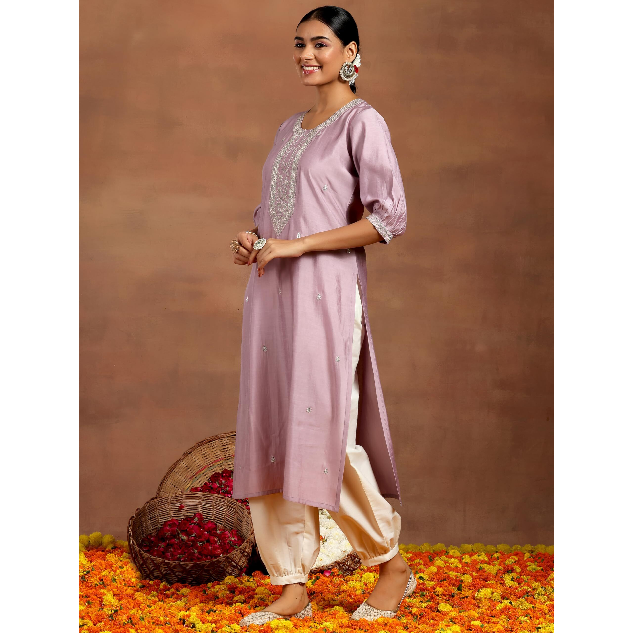 Libas Women's Silk Straight Kurta (G2738_Purple