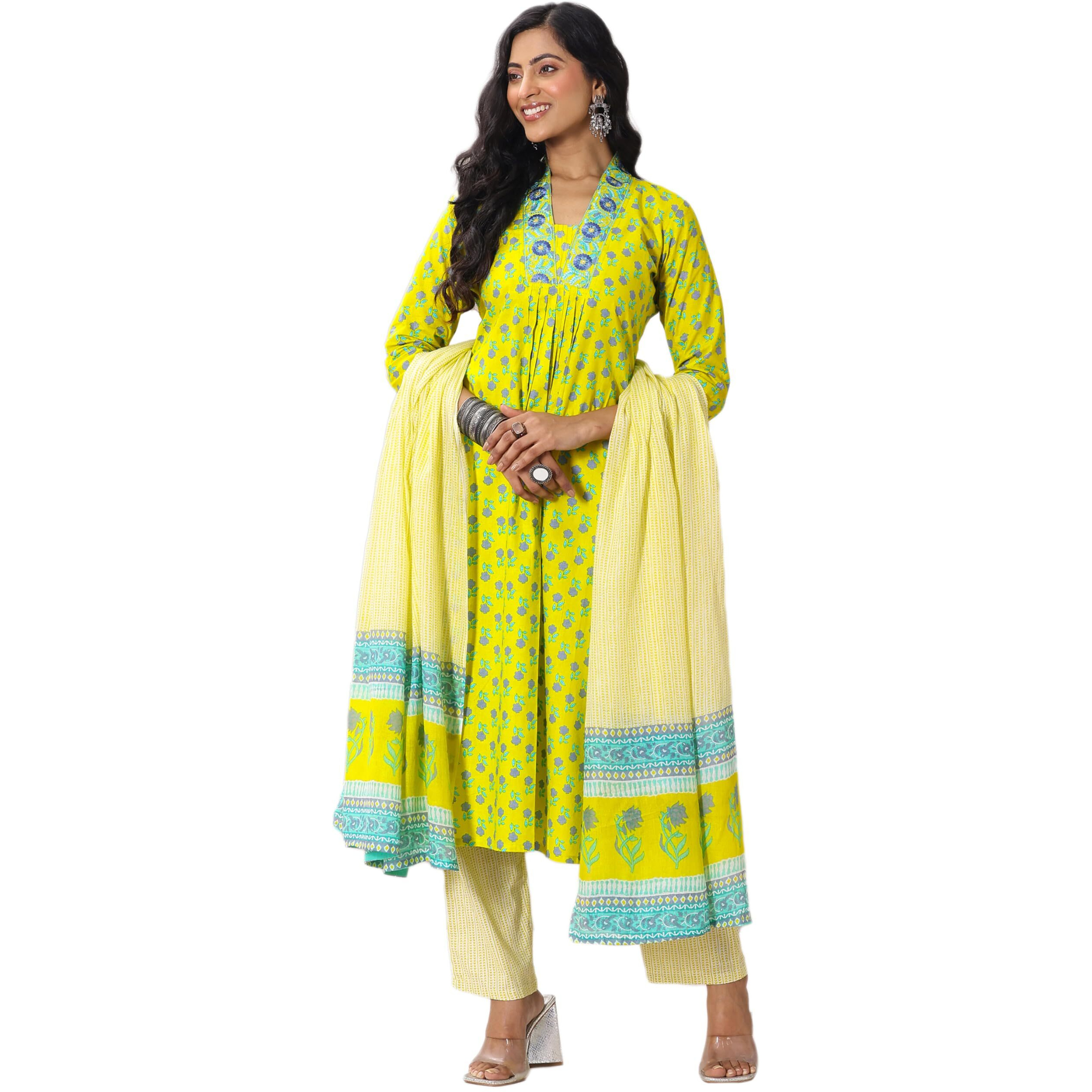 Libas Womens Printed Cotton Straight Kurta With Trousers And Dupatta