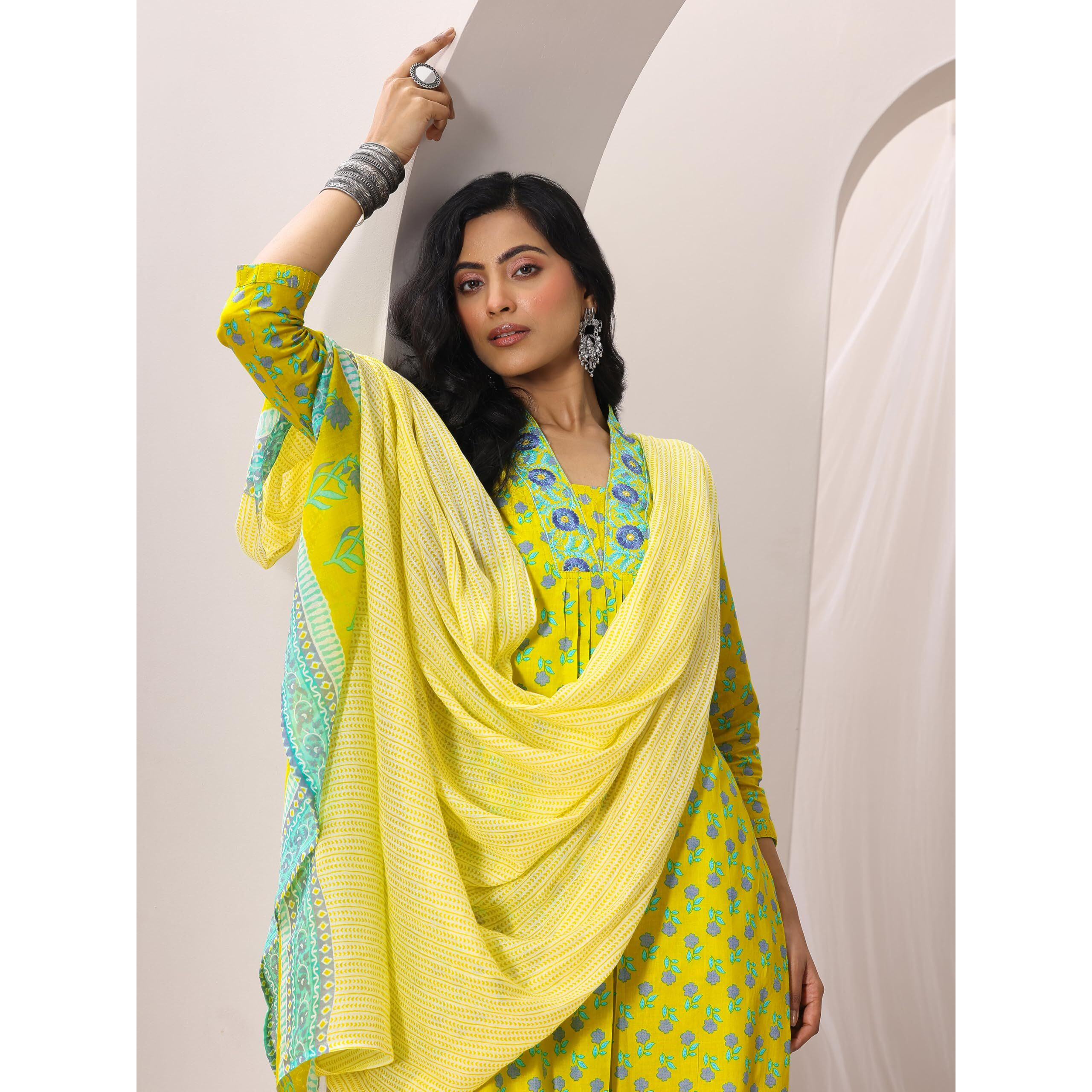 Libas Womens Printed Cotton Straight Kurta With Trousers And Dupatta