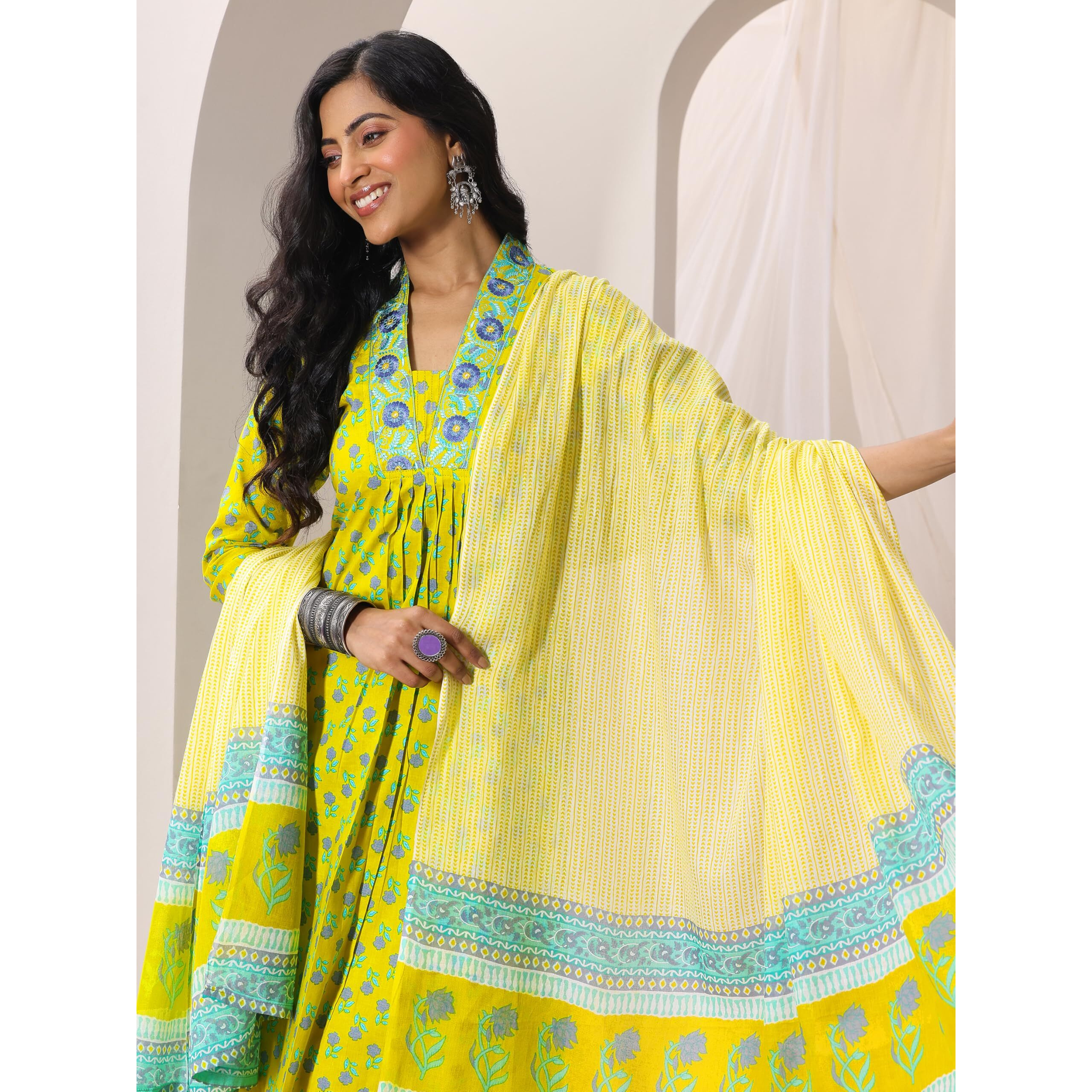 Libas Womens Printed Cotton Straight Kurta With Trousers And Dupatta