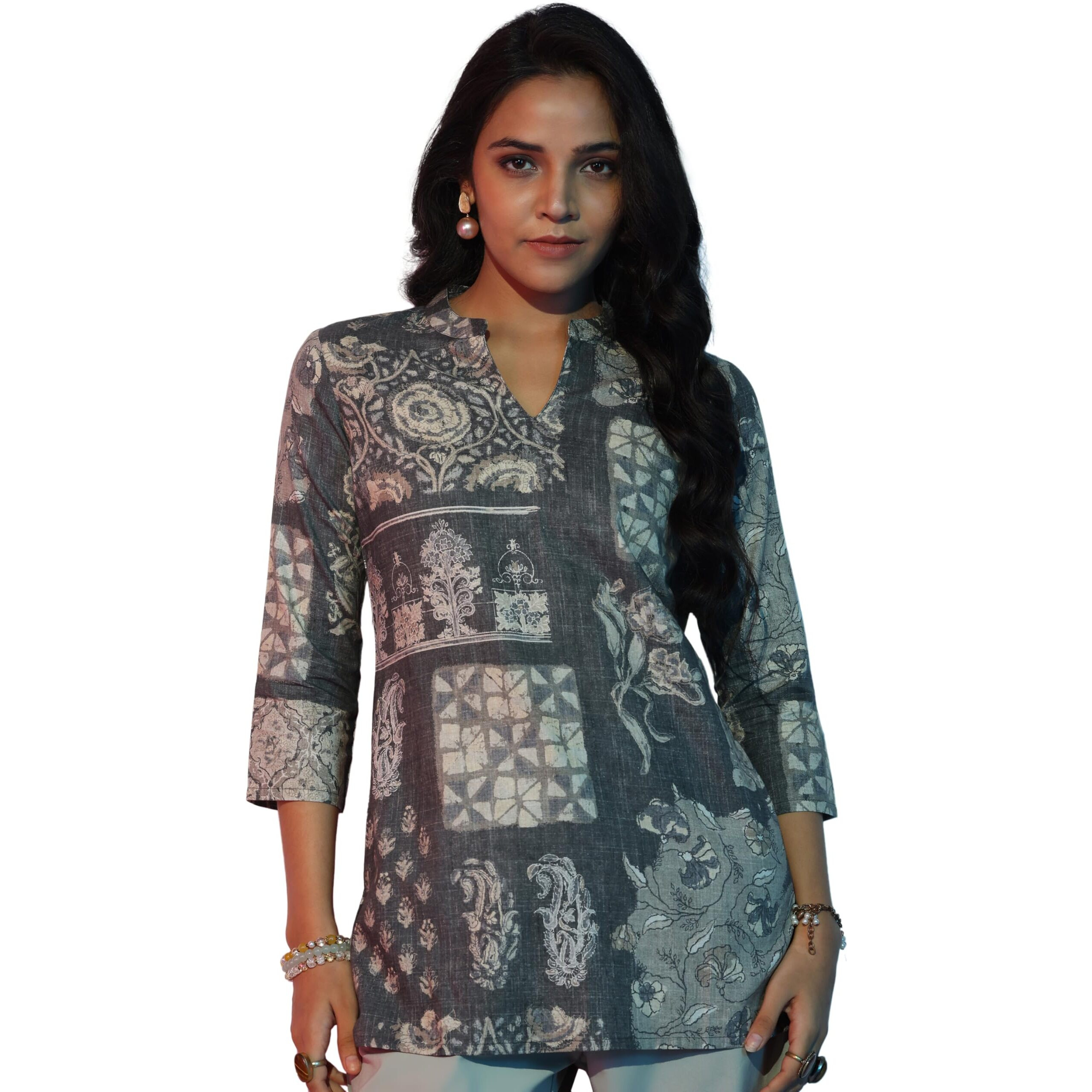 Libas Women's Linen Floral Straight Kurti (58163_Grey