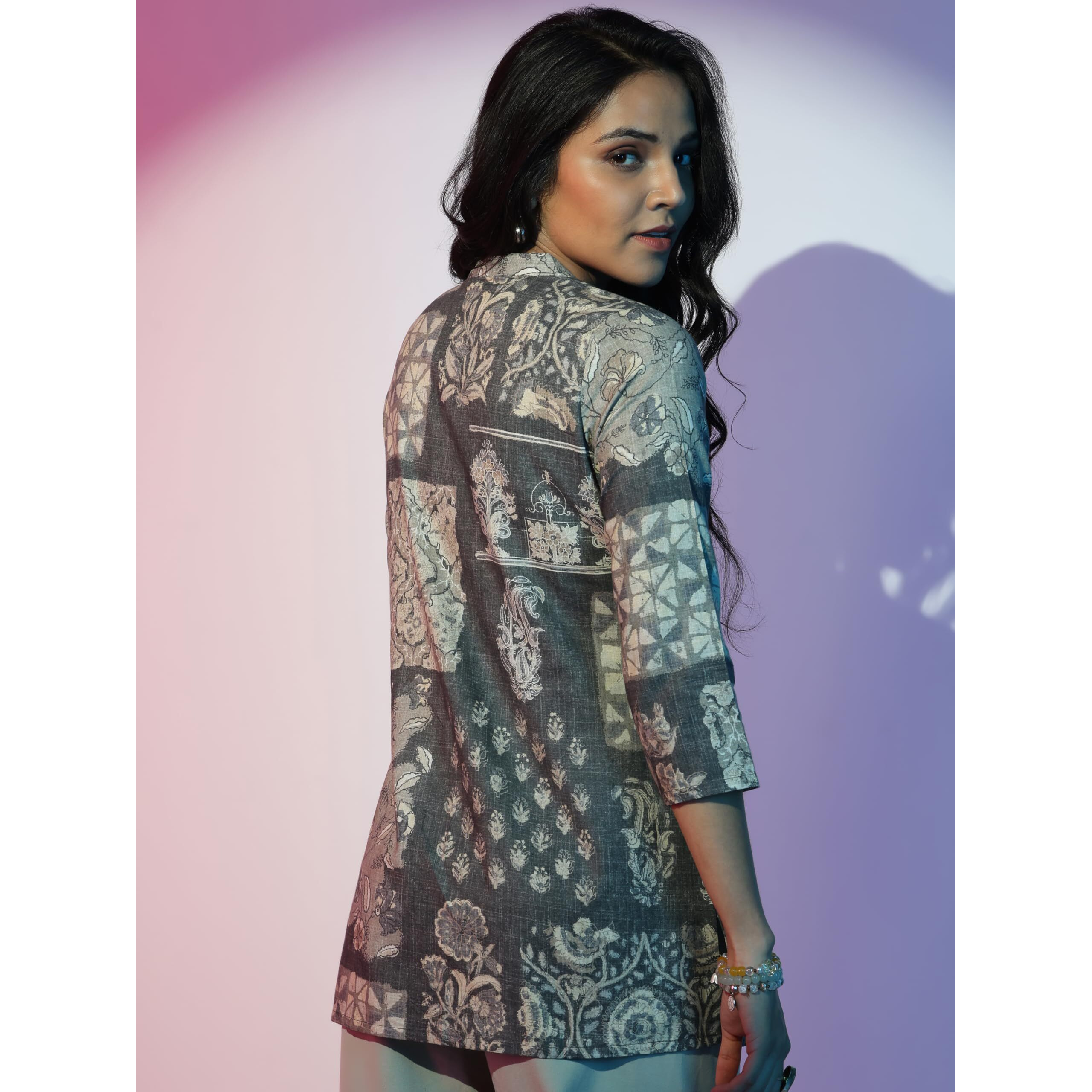 Libas Women's Linen Floral Straight Kurti (58163_Grey