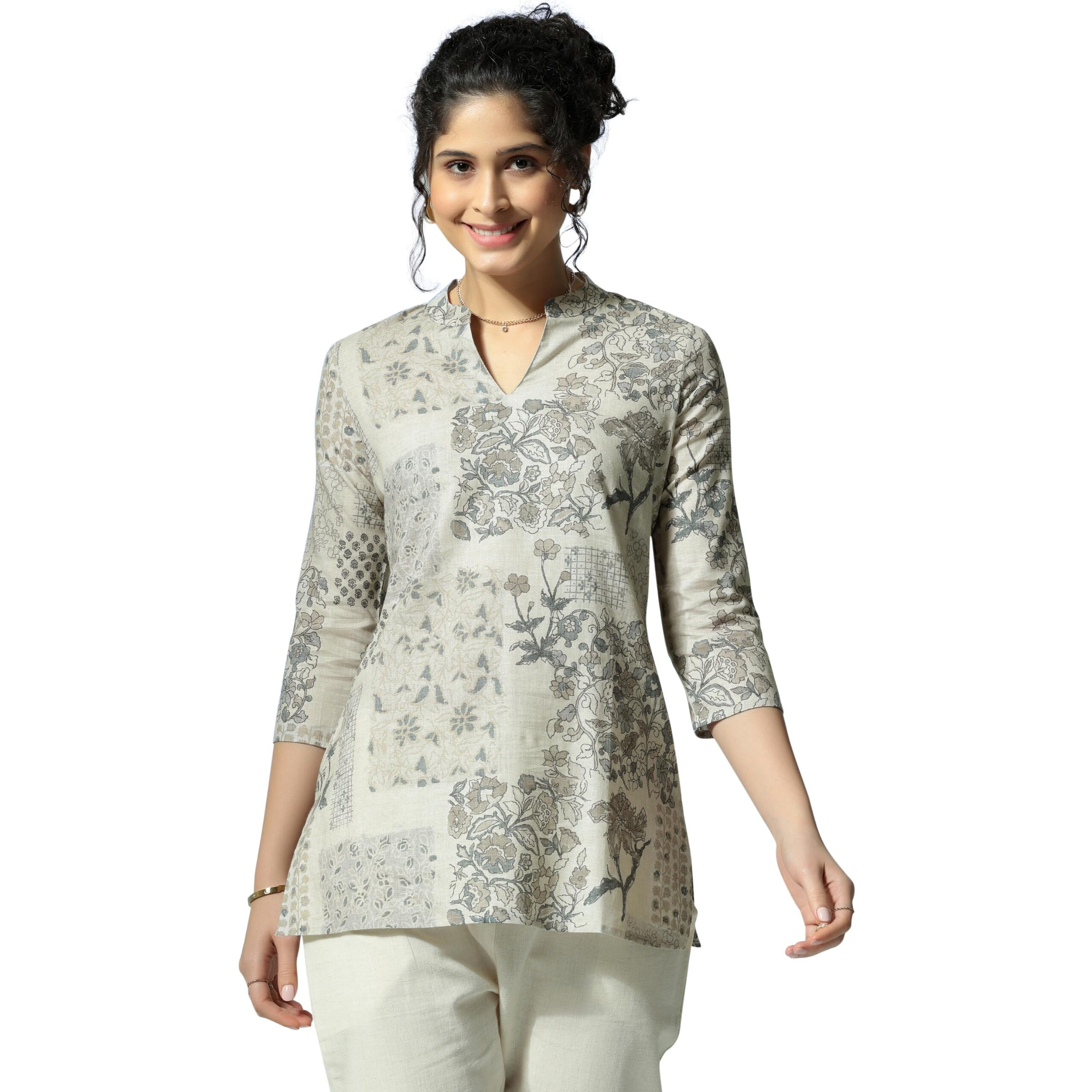 Libas Women's Linen Floral Straight Kurti (58164 Off White