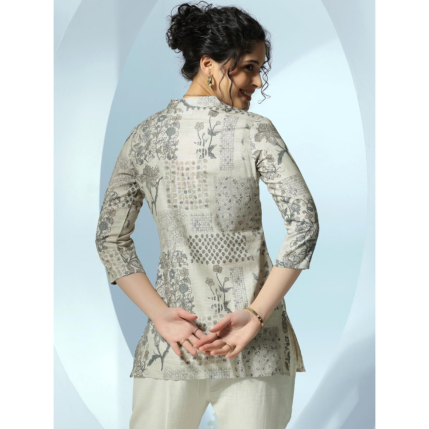 Libas Women's Linen Floral Straight Kurti (58164 Off White