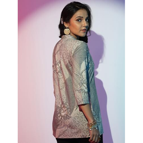 Libas Women's Linen Floral Straight Kurti (58166_Off White