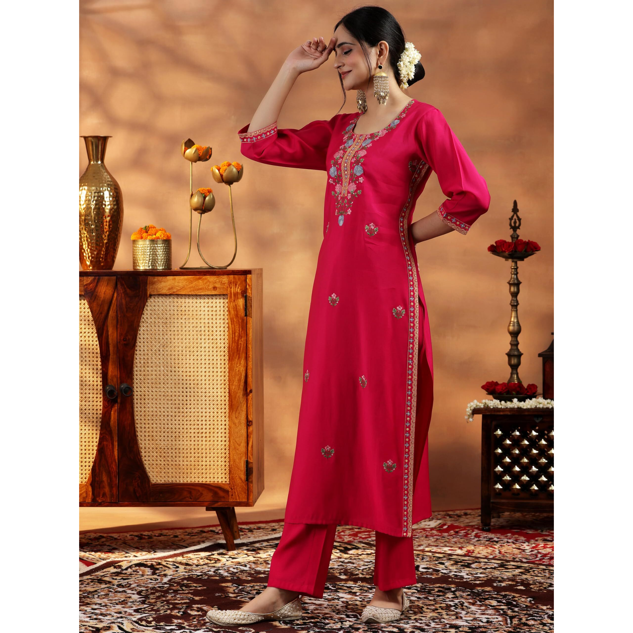 Libas Women's Silk Blend Kurta Sets (36851O_Pink_Xl)