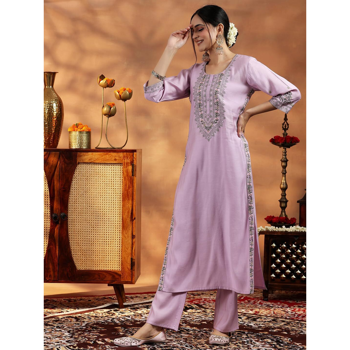 Libas Women's Silk Blend Kurta Sets (36852O_Lavender_M)