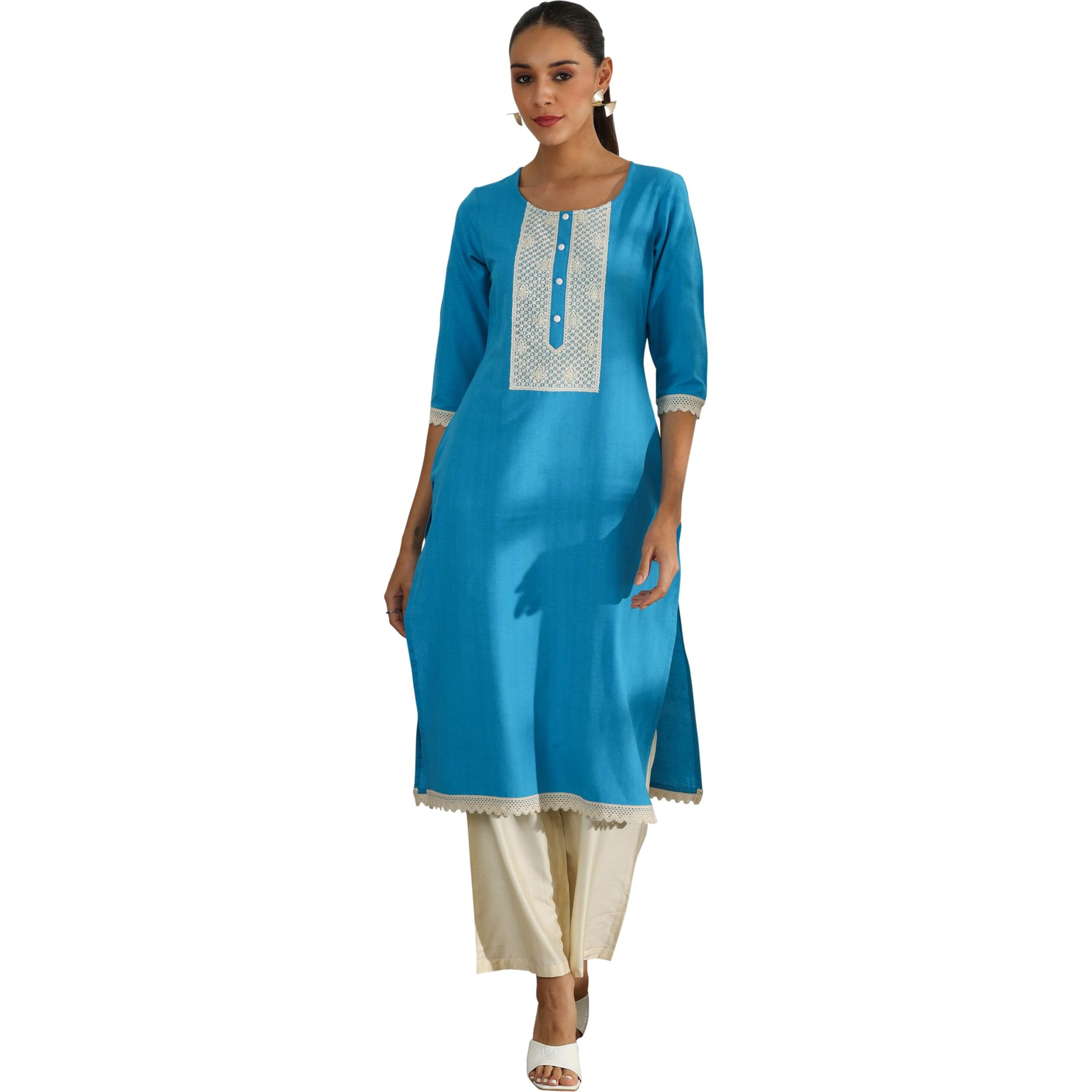 Libas Women's Cotton Embellished Straight Kurta (37246 Blue