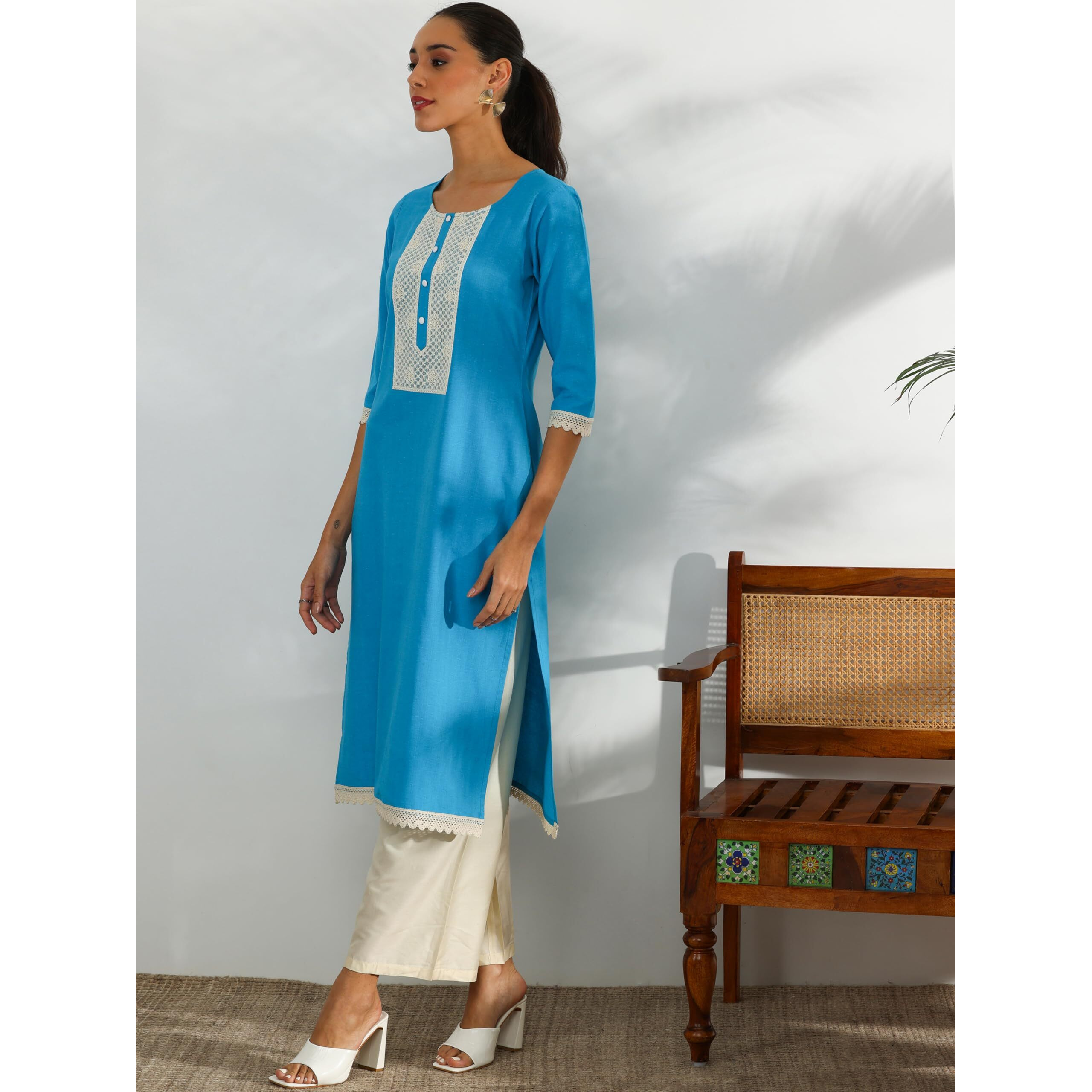 Libas Women's Cotton Embellished Straight Kurta (37246 Blue