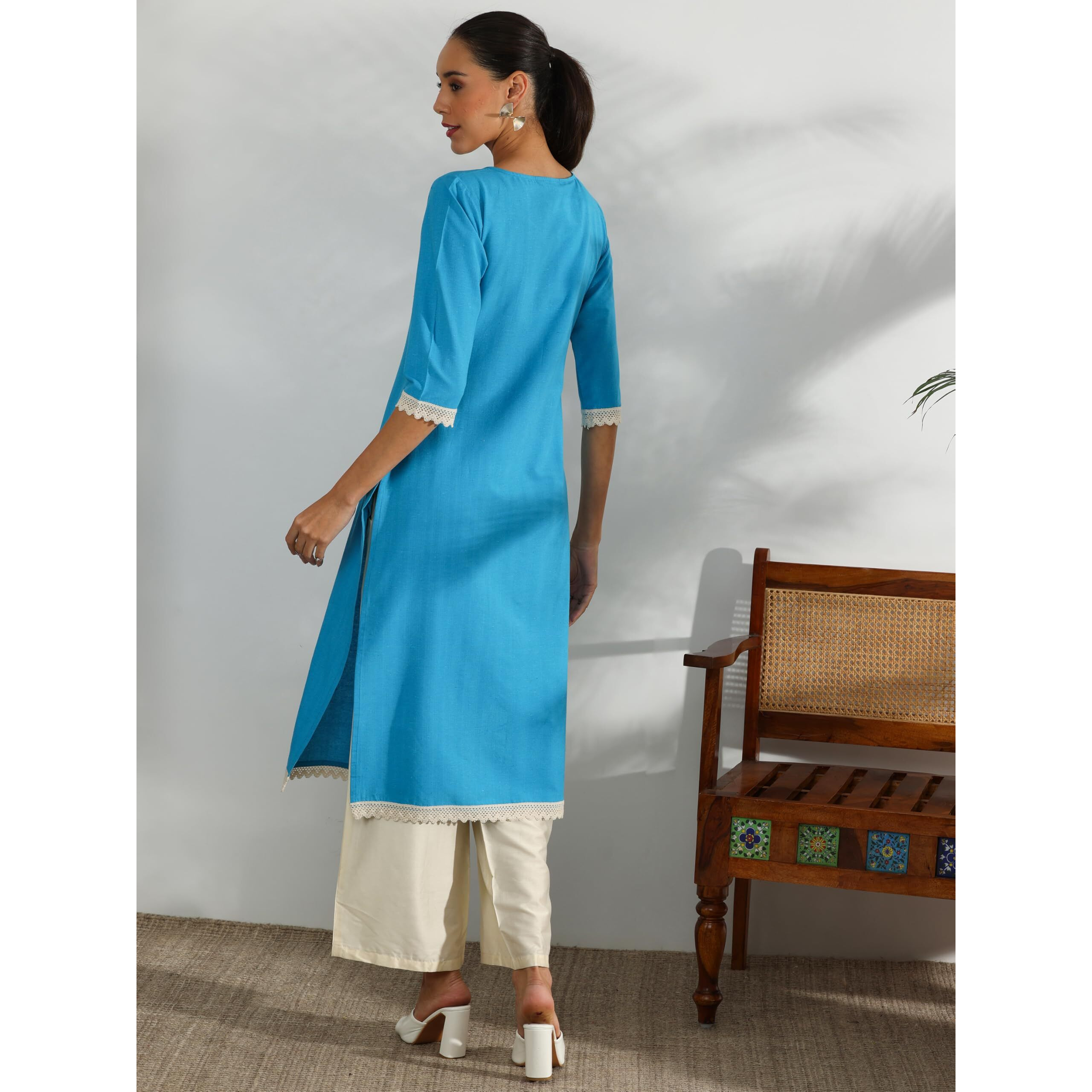 Libas Women's Cotton Embellished Straight Kurta (37246 Blue