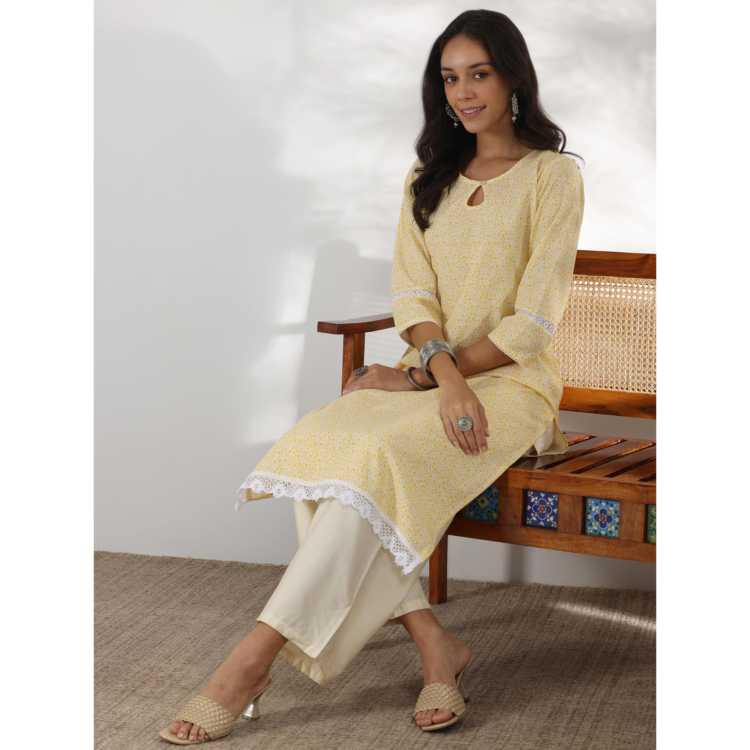 Libas Women's Cotton Printed Straight Kurta (37248_Yellow