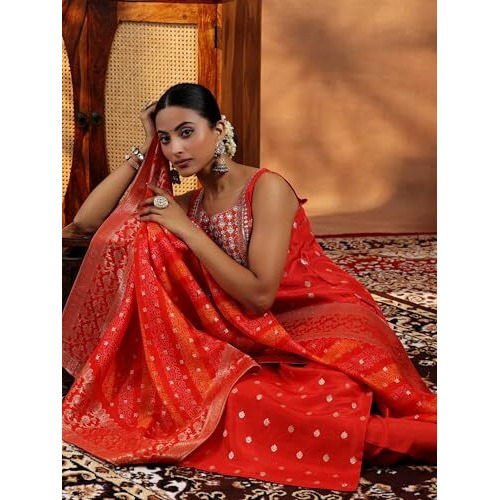 Libas Womens Woven Design Silk Blend Straight Kurta With Trousers And Dupatta