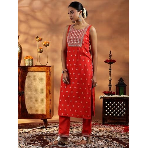 Libas Womens Woven Design Silk Blend Straight Kurta With Trousers And Dupatta