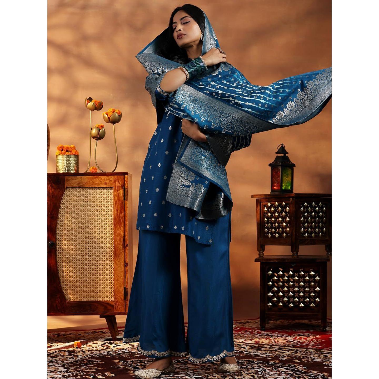 Libas Womens Woven Design Silk Blend Straight Kurta With Palazzos And Dupatta