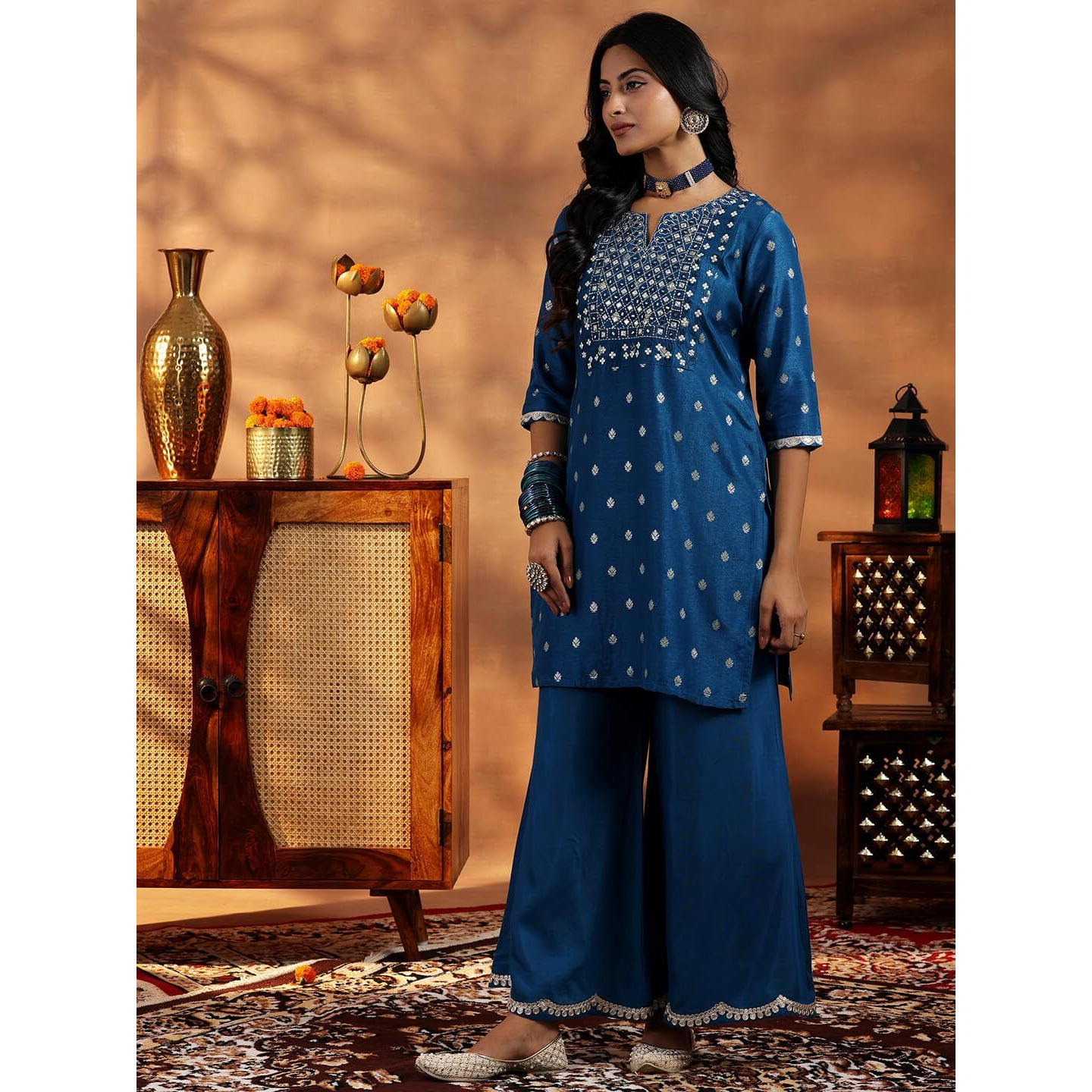Libas Womens Woven Design Silk Blend Straight Kurta With Palazzos And Dupatta