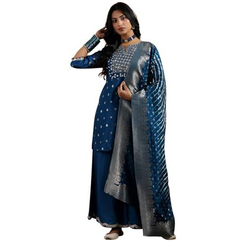 Libas Womens Woven Design Silk Blend Straight Kurta With Palazzos And Dupatta