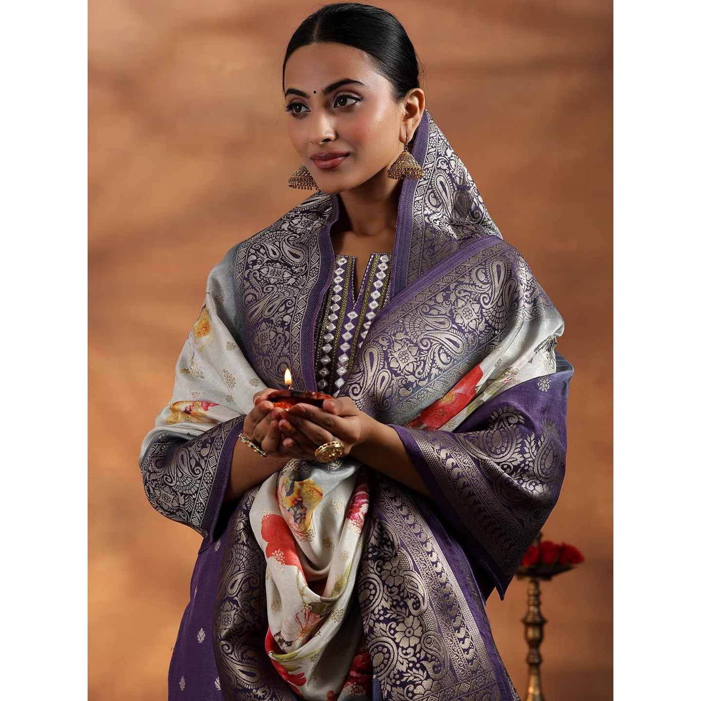 Libas Womens Woven Design Silk Blend Straight Kurta With Trousers And Dupatta