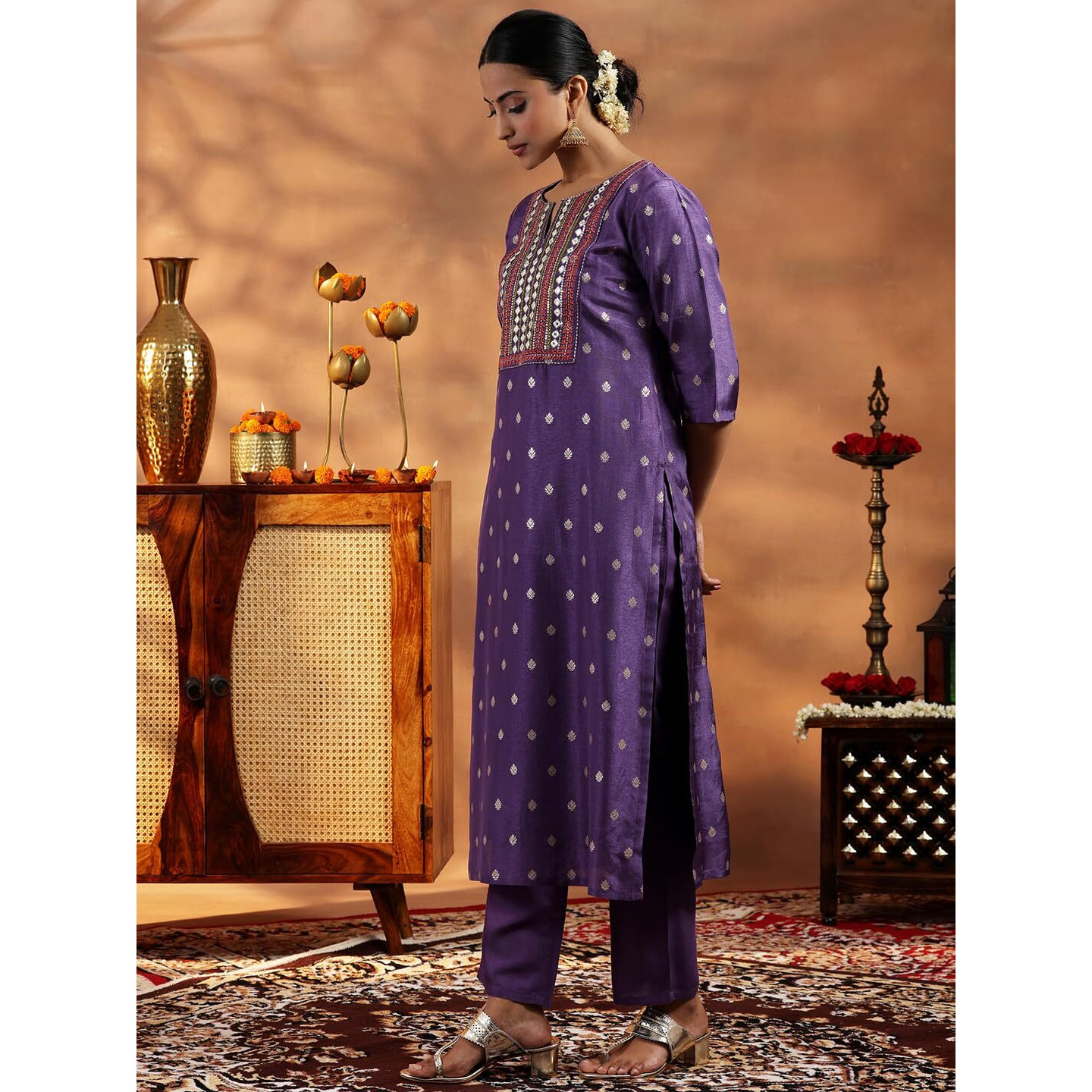 Libas Womens Woven Design Silk Blend Straight Kurta With Trousers And Dupatta
