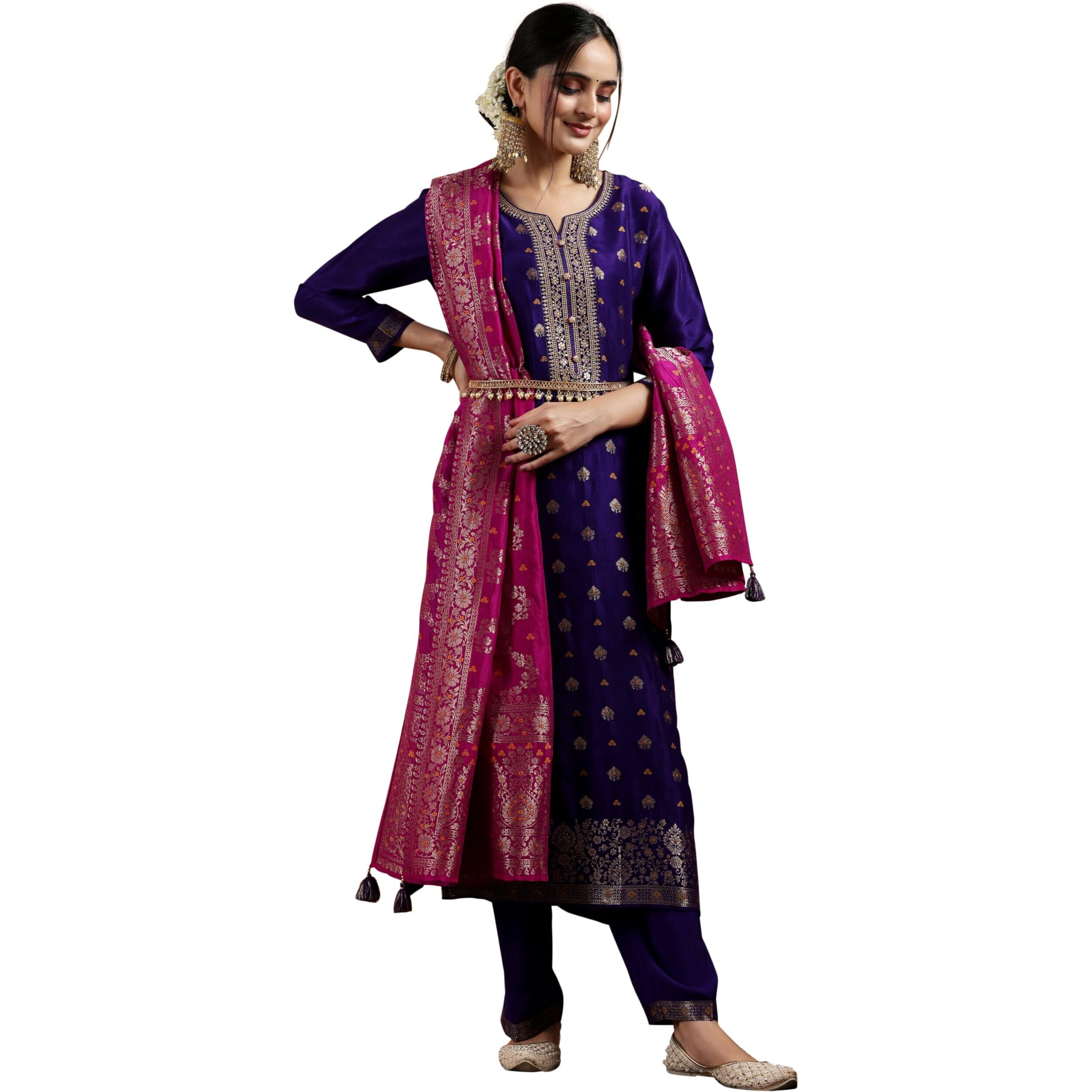 Libas Womens Woven Design Silk Blend Straight Kurta With Palazzos And Dupatta