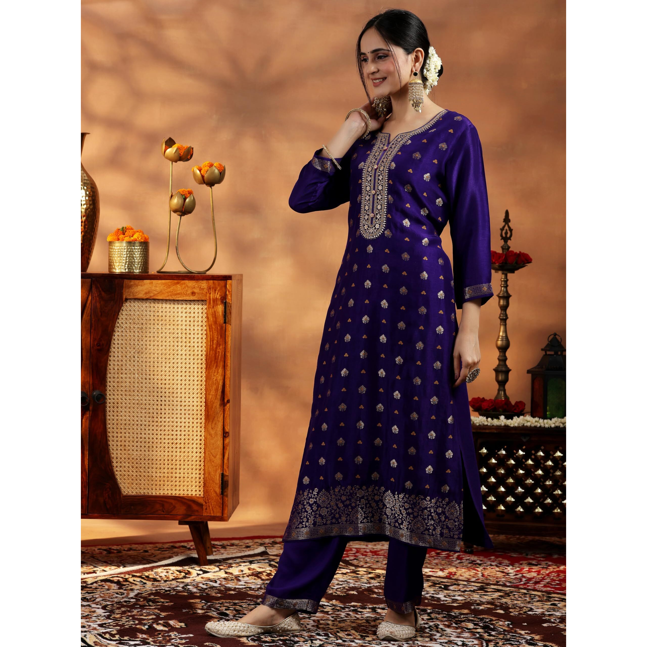 Libas Womens Woven Design Silk Blend Straight Kurta With Palazzos And Dupatta