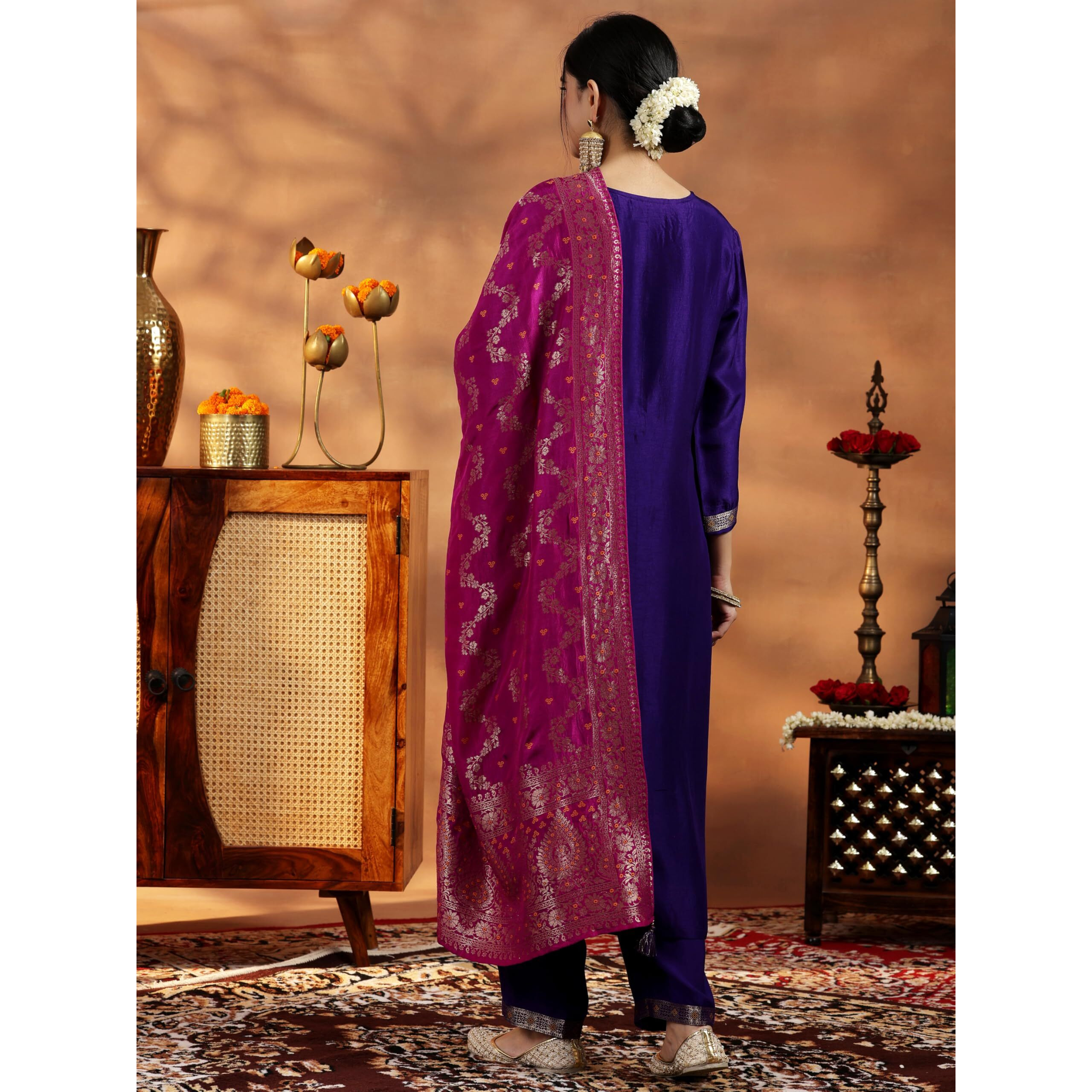 Libas Womens Woven Design Silk Blend Straight Kurta With Palazzos And Dupatta