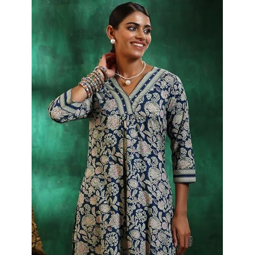 Libas Womens Printed Cotton Straight Kurta With Trousers