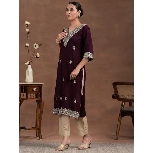 Libas Women's Viscose Embroidered Regular Kurta (29247 Burgundy