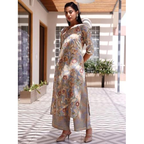 Libas Womens Printed Silk Blend Straight Kurta With Palazzos And Dupatta