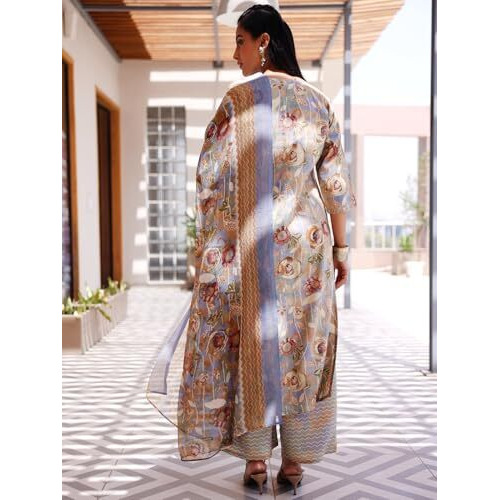 Libas Womens Printed Silk Blend Straight Kurta With Palazzos And Dupatta