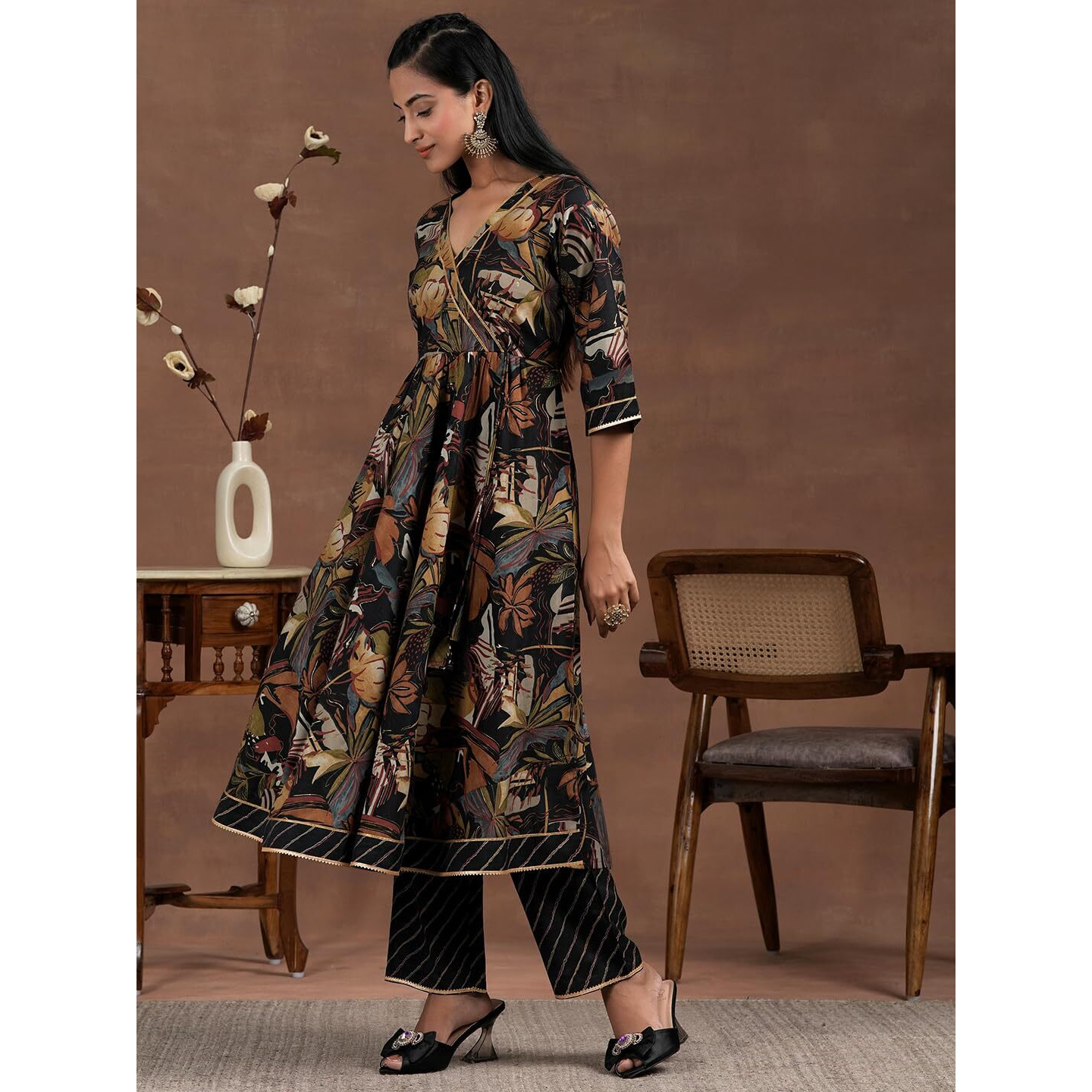 Libas Black Silk Blend Printed Kurta Sets For Women