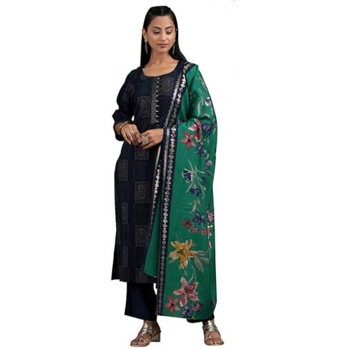 Libas Womens Printed Silk Blend Straight Kurta With Trousers And Dupatta