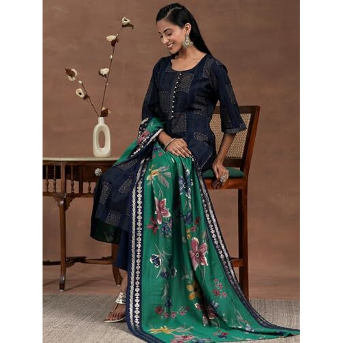 Libas Womens Printed Silk Blend Straight Kurta With Trousers And Dupatta