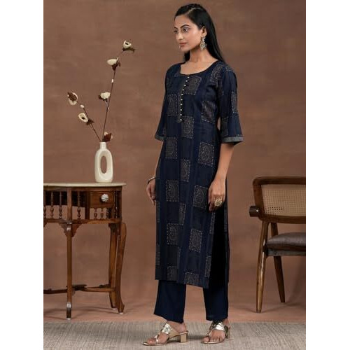 Libas Womens Printed Silk Blend Straight Kurta With Trousers And Dupatta