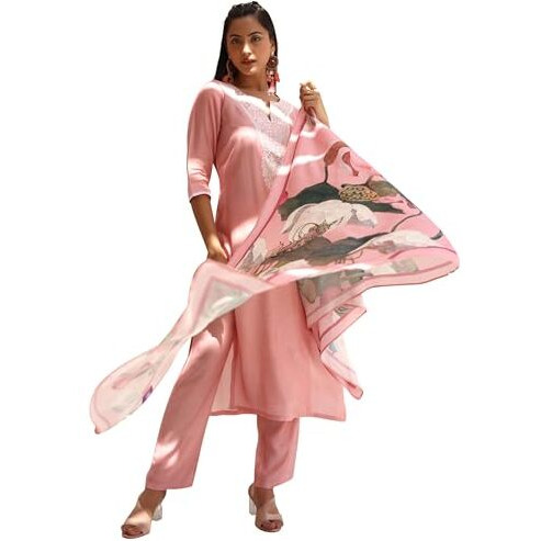 Libas Womens Yoke Design Silk Blend Straight Kurta With Trousers And Dupatta
