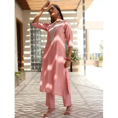 Libas Womens Yoke Design Silk Blend Straight Kurta With Trousers And Dupatta