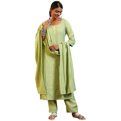 Libas Womens Embroidered Silk Blend Straight Kurta With Palazzos And Dupatta