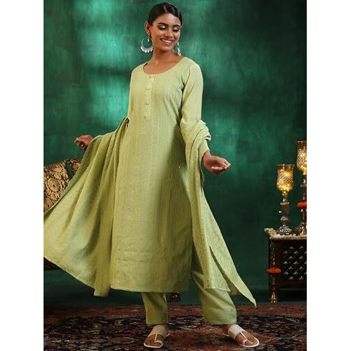 Libas Womens Embroidered Silk Blend Straight Kurta With Palazzos And Dupatta