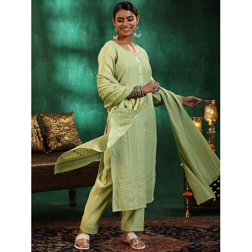 Libas Womens Embroidered Silk Blend Straight Kurta With Palazzos And Dupatta
